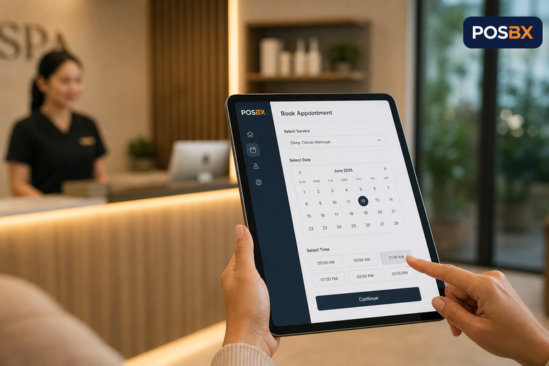 Tablet booking interface for POSBX appointments with POS tender preview