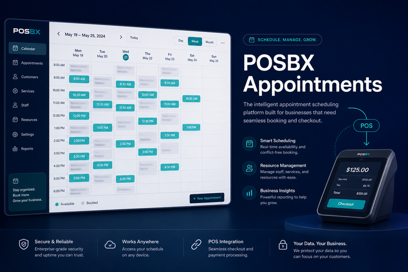 POSBX Appointments calendar dashboard with week view and booking tiles