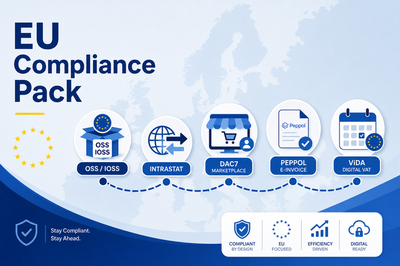 EU Compliance roadmap highlighting OSS IOSS INTRASTAT DAC7 PEPPOL ViDA modules