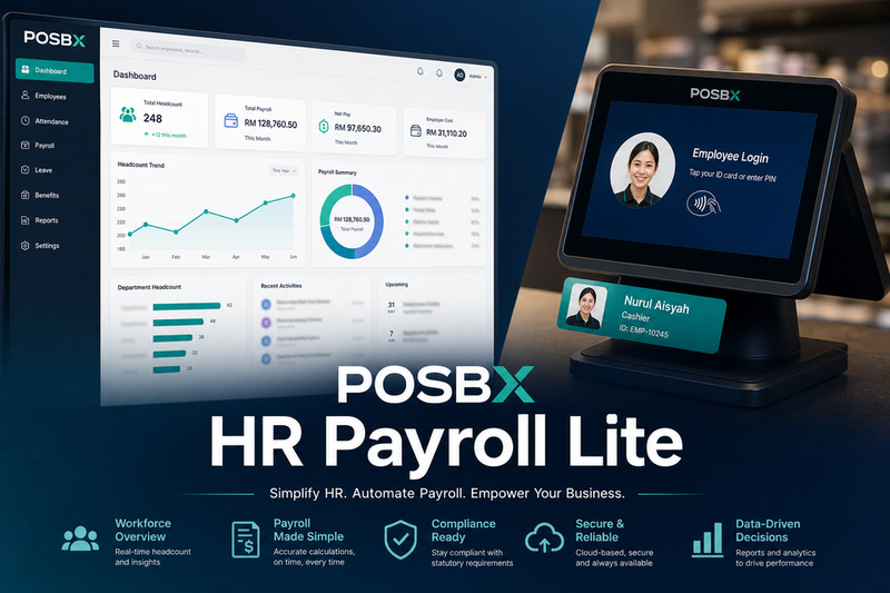 POSBX HR Payroll Lite dashboard with attendance payroll widgets overlaid on retail staff photo