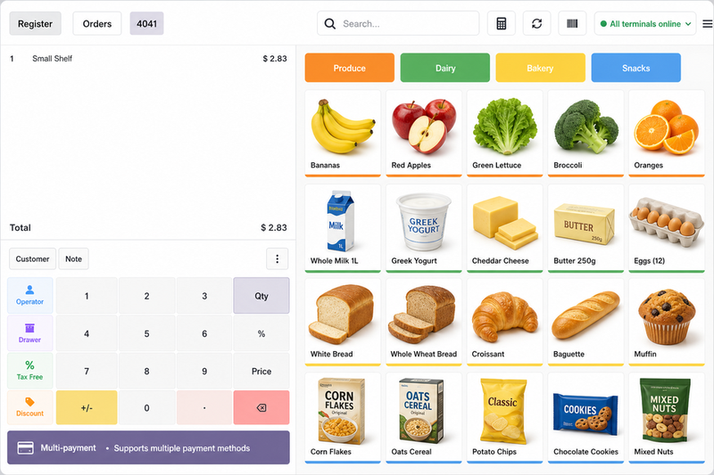 POSBX grocery lane with catalog grid, cart summary and payment methods