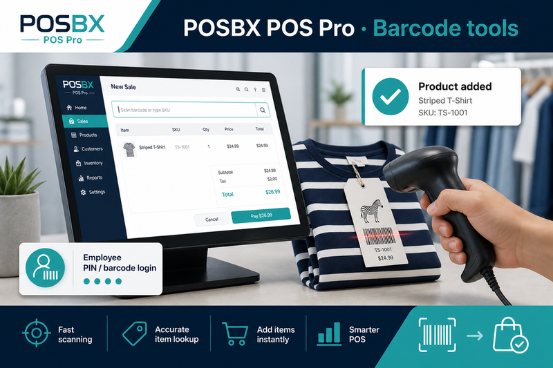 POSBX barcode scanning workflow with scanner and SKU confirmation