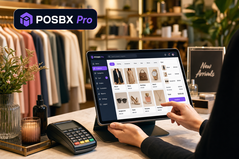 Modern retail counter with tablet POS and card payment terminal