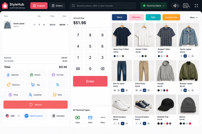 POS lane interface with catalog, cart and payment keypad on terminal