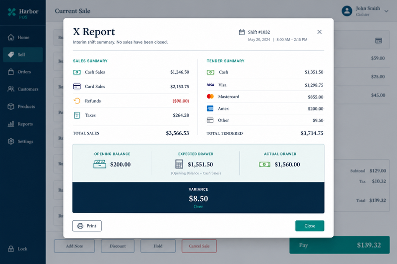 Harbor POS X Report interim summary modal
