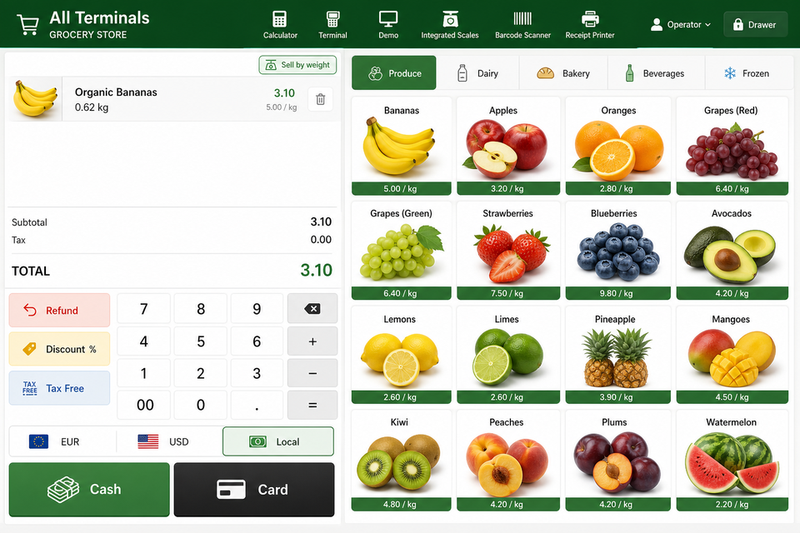 Grocery POS lane highlighting multi currency tender strip with USD BDT EUR indicators